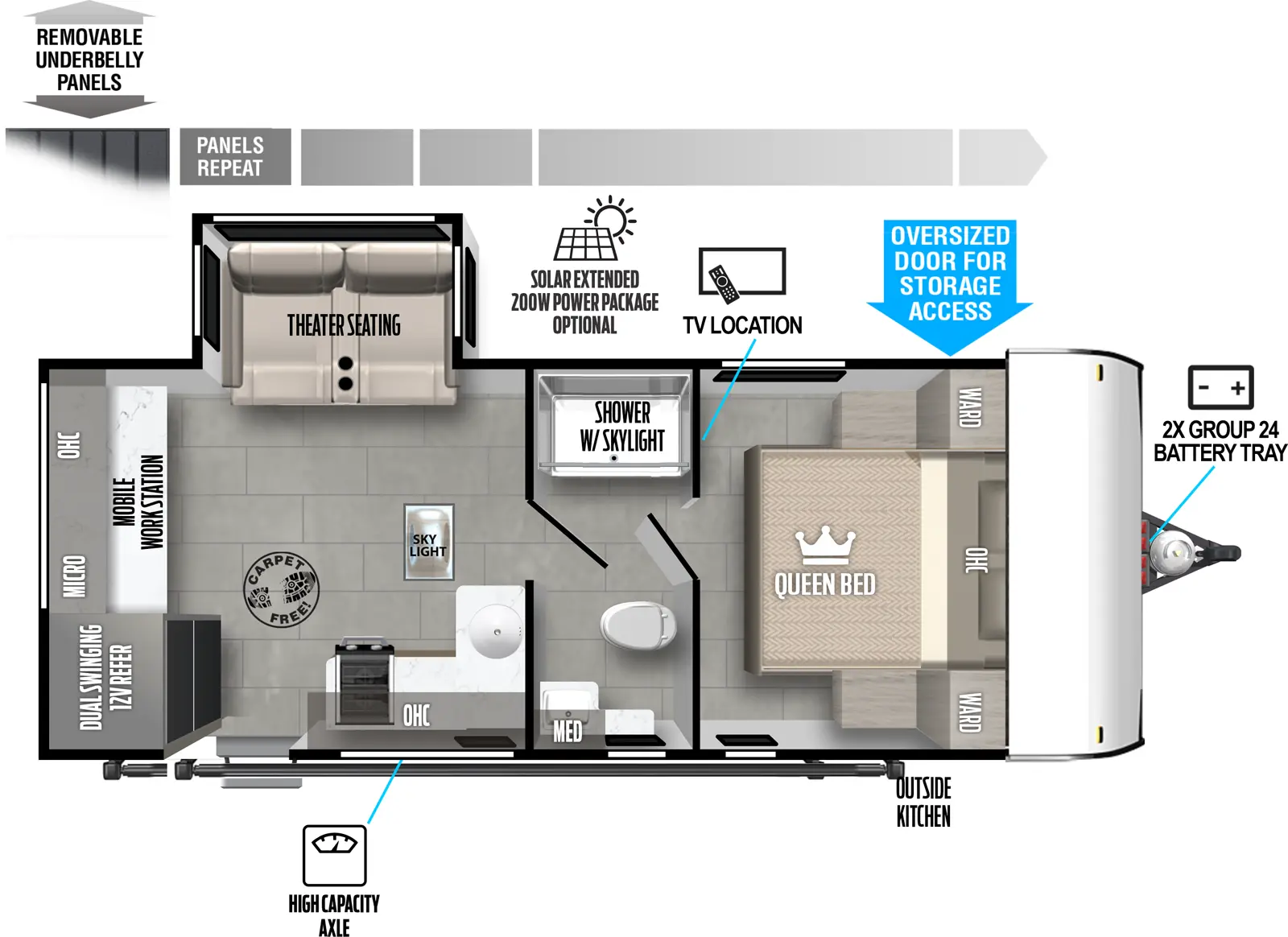 The Salem FSX 163RDSK floorplan has one entry and one slide out. Exterior features include: fiberglass exterior, 15' awning and outside kitchen. Interiors features include: front bedroom and pass through bathroom.